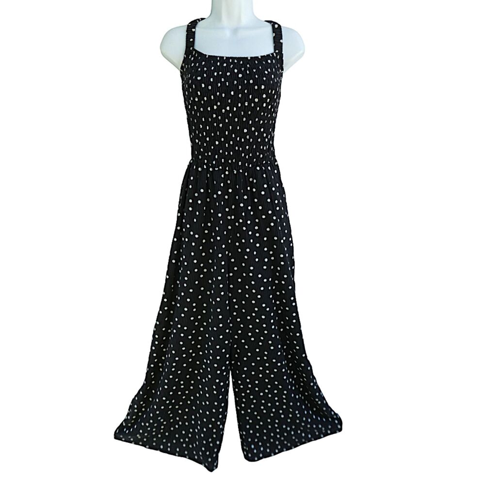 On 34th Macys Black Jumpsuit White Polka Dot Smocked Bodice Square Neck Wide Leg